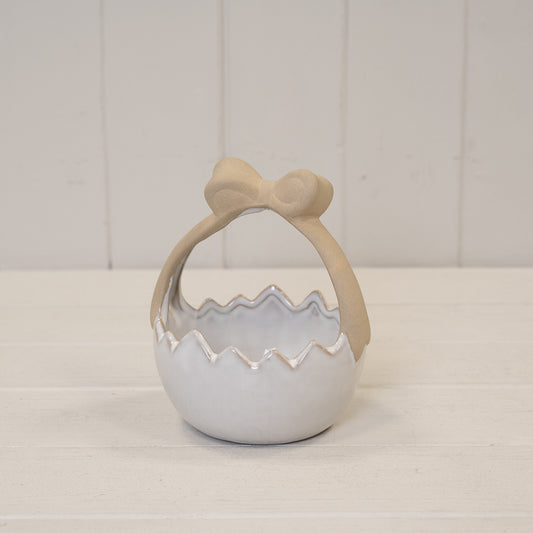 Ceramic Easter Egg Basket White Glazed with Unglazed Bow Handle
