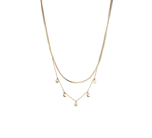 Brushed Star & Moon Charm layered necklace
