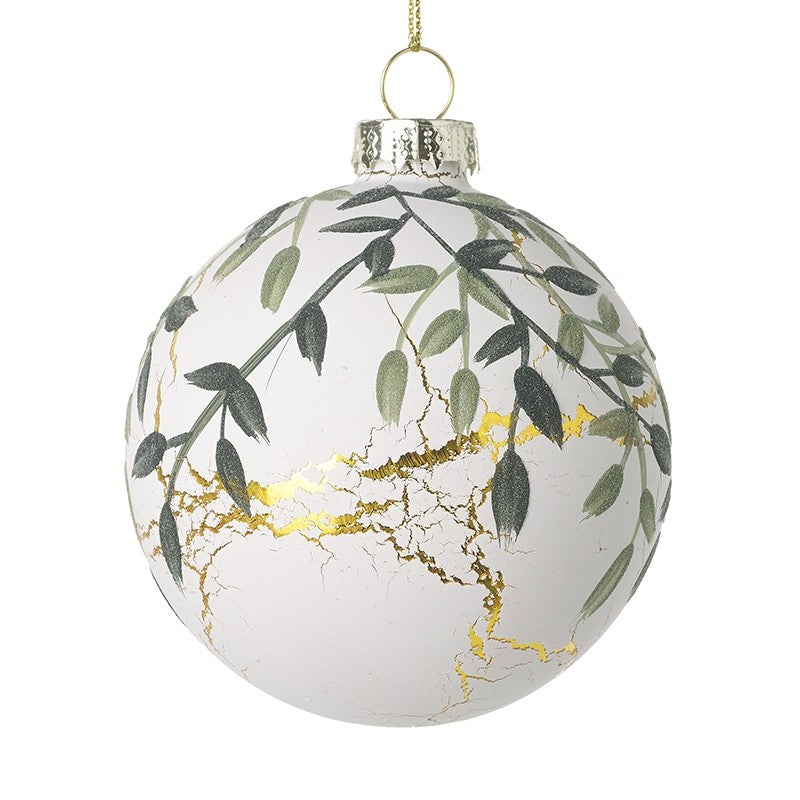 White Glass Bauble With Green Leaves