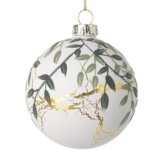 White Glass Bauble With Green Leaves