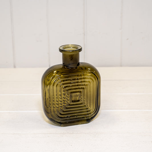Olive Green Square Glass Bottle with Ribbed Design