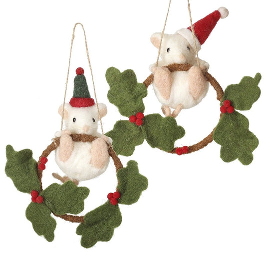 Hanging Felt Mice In Hats On Wreath Mix