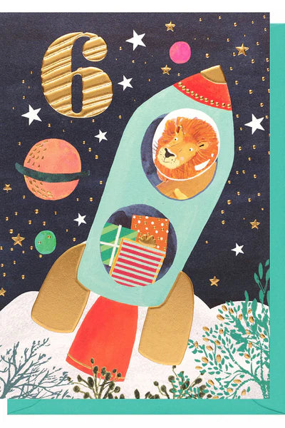 Age 6 Lion in Rocket Birthday card