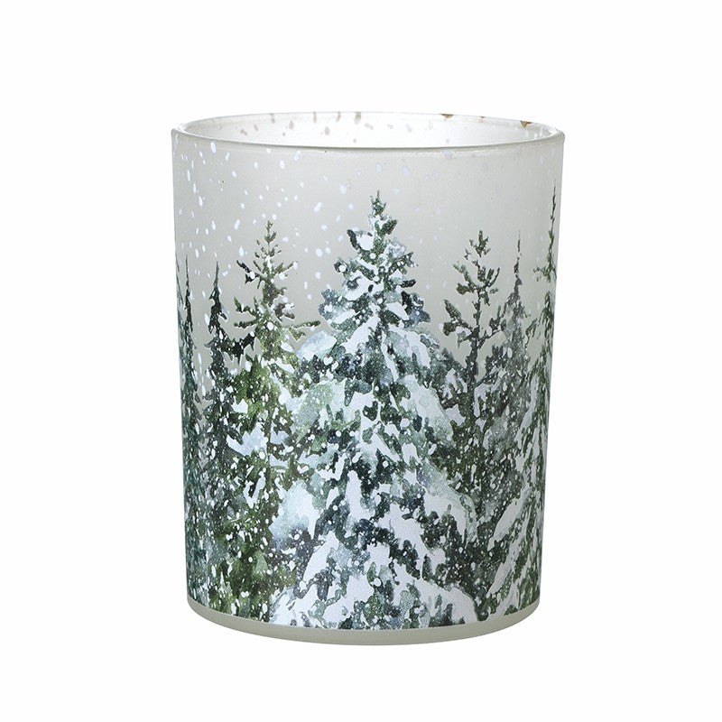 White Glass Snowy Trees Candle Holder