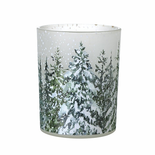 White Glass Snowy Trees Candle Holder