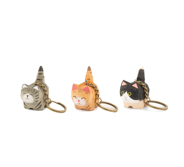 Standing Cat Wooden Keyring - Assorted