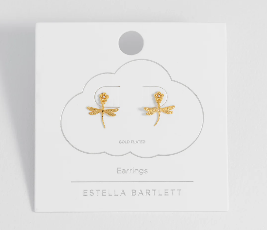Flower and Dragonfly Earrings - Gold Plated