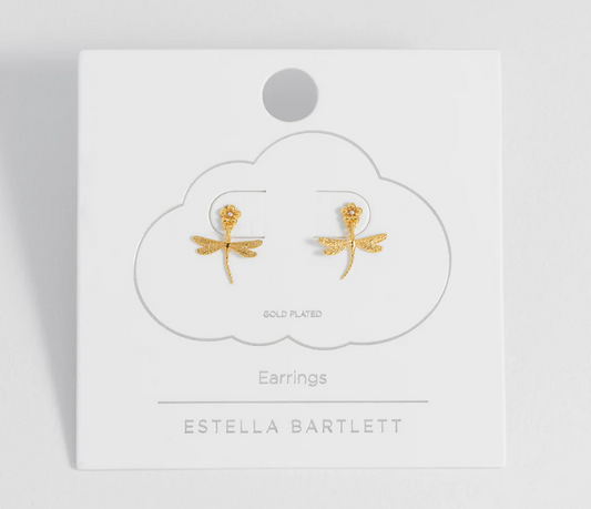 Flower and Dragonfly Earrings - Gold Plated