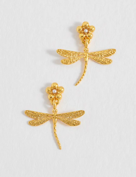 Flower and Dragonfly Earrings - Gold Plated