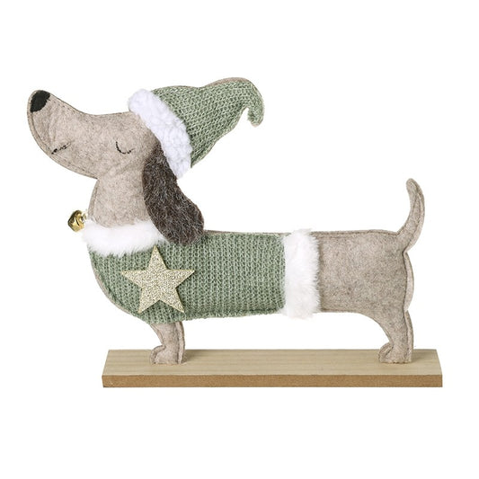 Sausage Dog In Green Coat And Hat