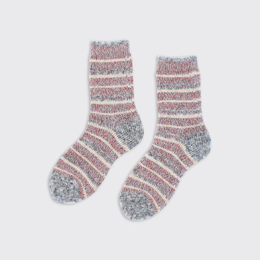 Tweed Stripe Thick Knit Socks - Mulberry / Grey