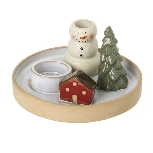 T Light & Candle Holder Snowman Scene