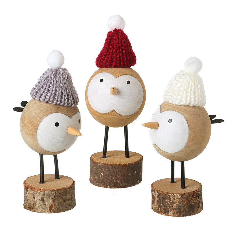 Standing Wooden Birds In Pompom Hats Mix