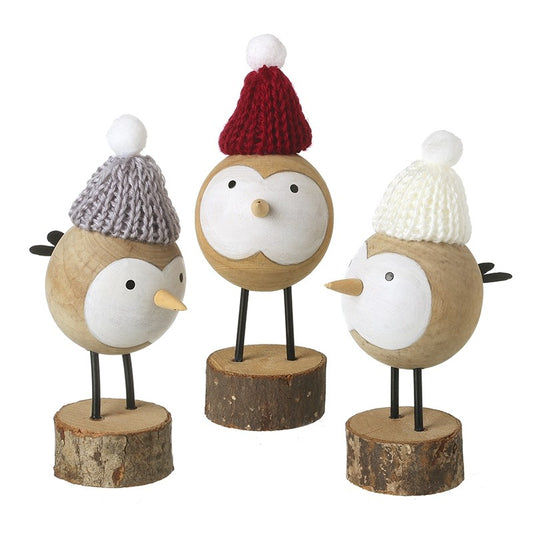 Standing Wooden Birds In Pompom Hats