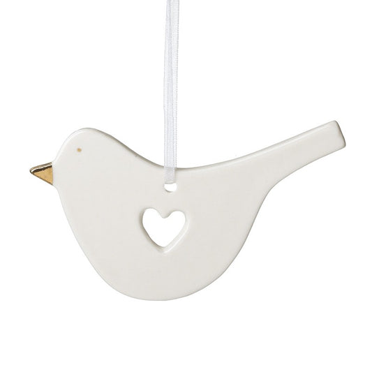 Porcelain Bird With Heart Cut Out Hanger | white