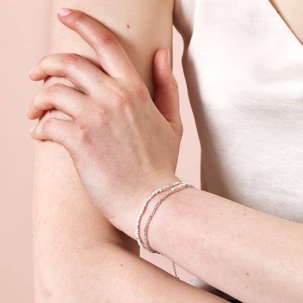 White Semi-Precious Stone Layered Beaded Bracelet in Silver