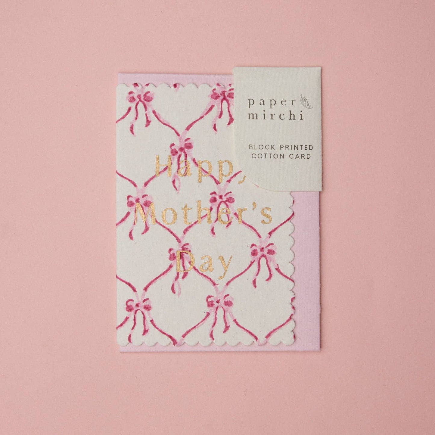 Hand Block Printed Greeting Card - Mother's Day Pink Bows