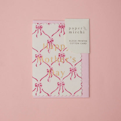 Hand Block Printed Greeting Card - Mother's Day Pink Bows
