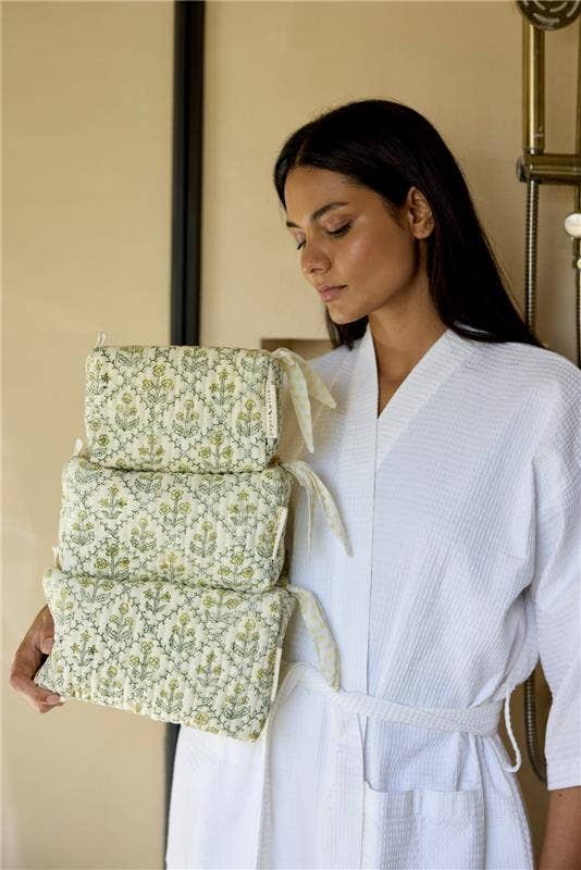 Organic Cotton Toiletry Bag (Small)  - Floral Lattice Buttercream