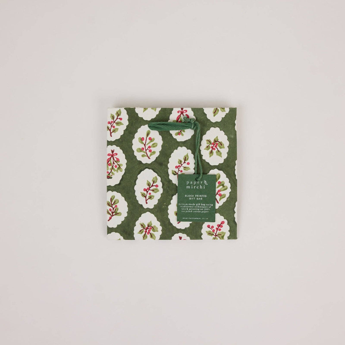 Block Printed Gift Bags (Small) - Holly Green