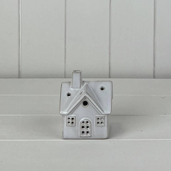 White Ceramic House Ornament with LED (8.3cm)