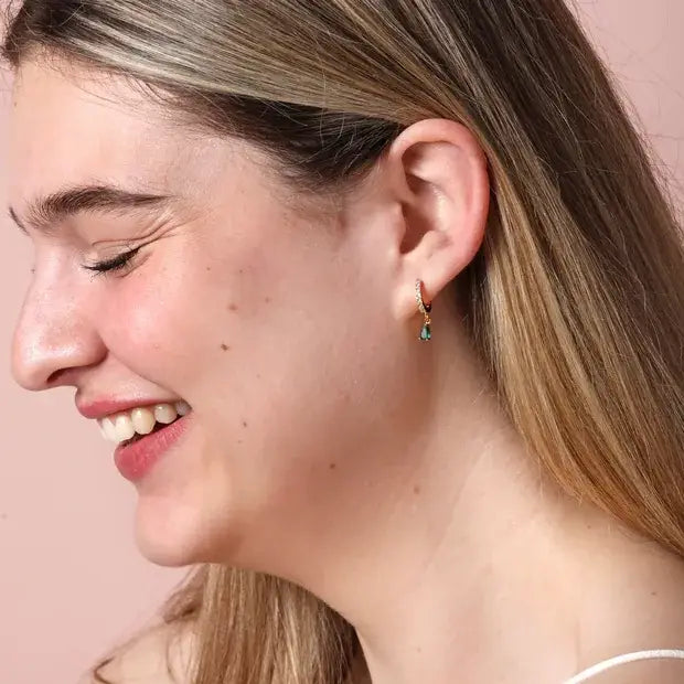 Green Teardrop Crystal Huggie Hoop Earrings in Gold