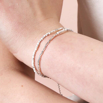 White Semi-Precious Stone Layered Beaded Bracelet in Silver