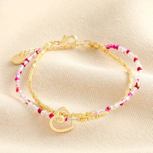 Pink Agate Beaded Heart Charm Bracelet in Gold