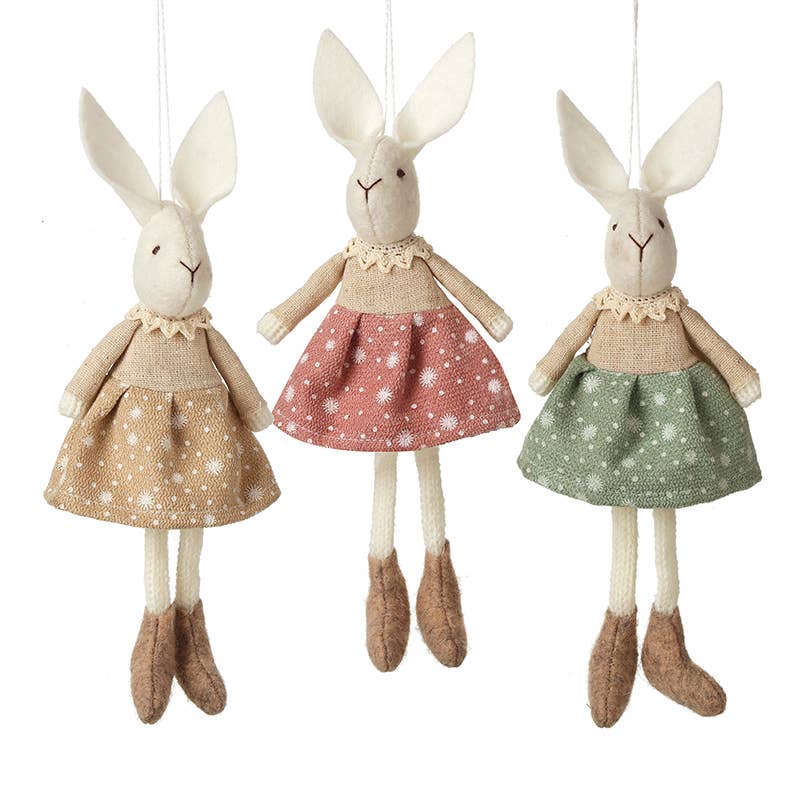 DANGLY LEG RABBIT IN SPOTTY SKIRT | beige | pink | green