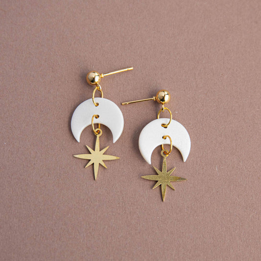 Celestial Gold Star Drop Earrings in Pearly White