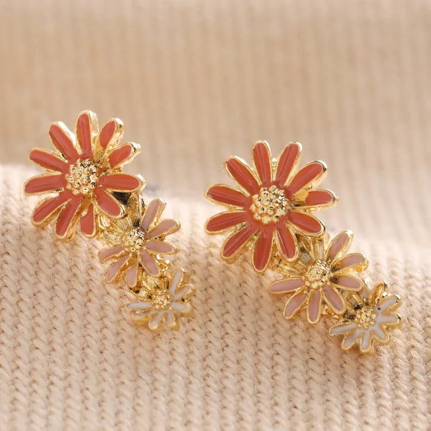 Triple enamel flower stud earrings in Gold